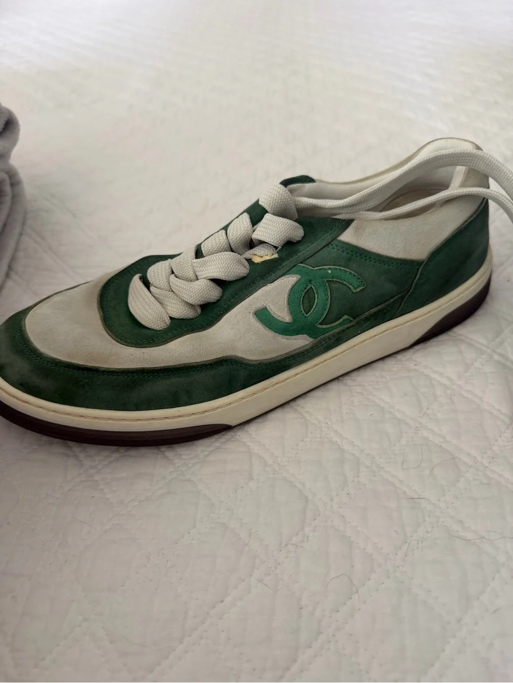 CHANEL Green and White Suede Low-Top Sneaker